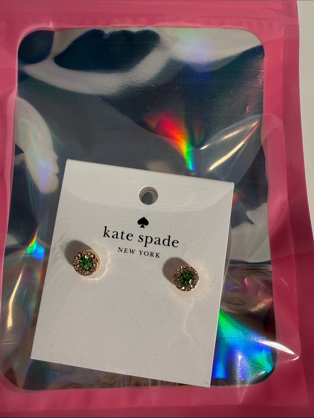 kate spade gold-tone stud earrings with green crystals and halo